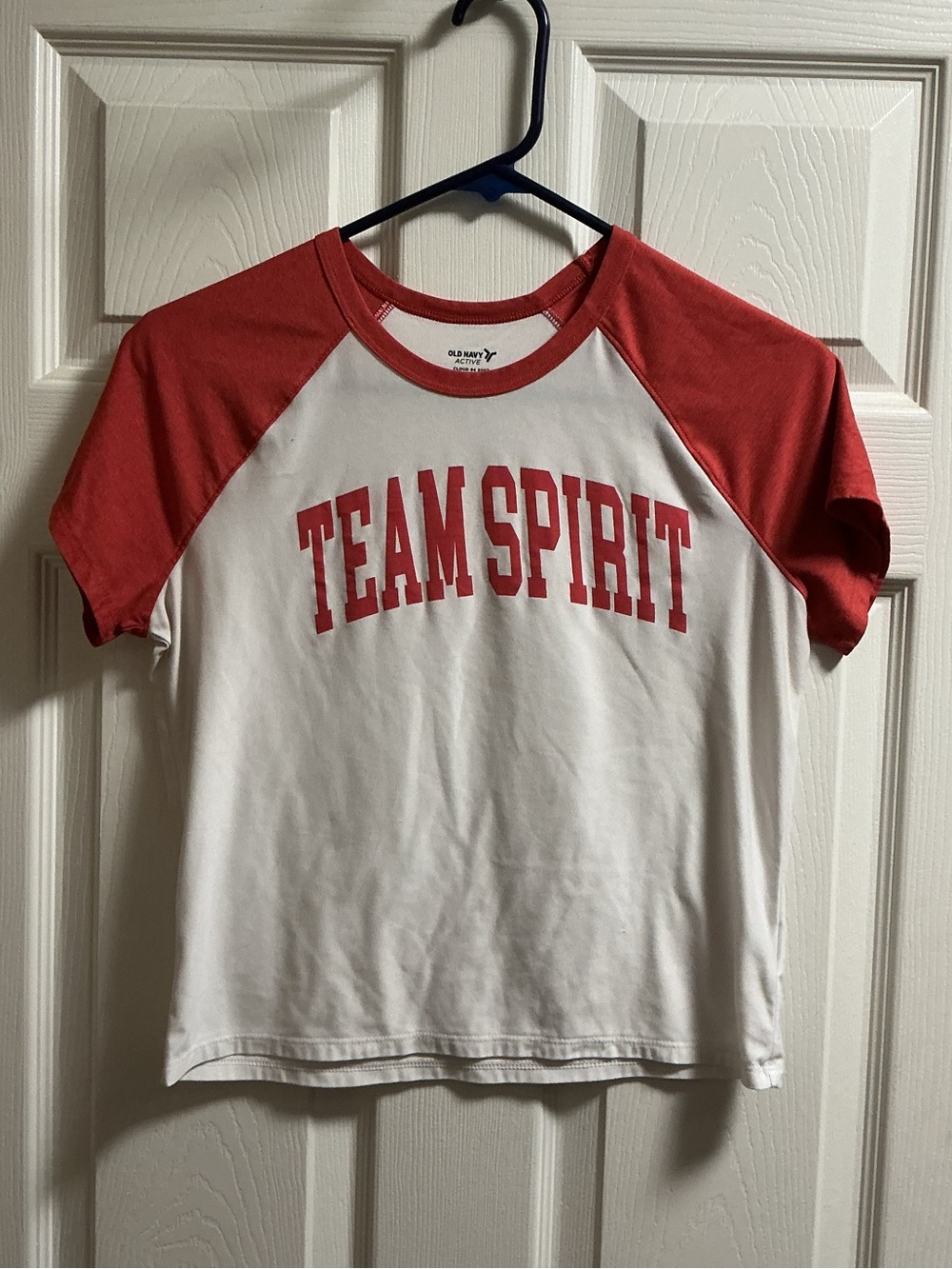 Old Navy White Tee with Red Raglan Sleeves and 'TEAM SPIRIT' Print